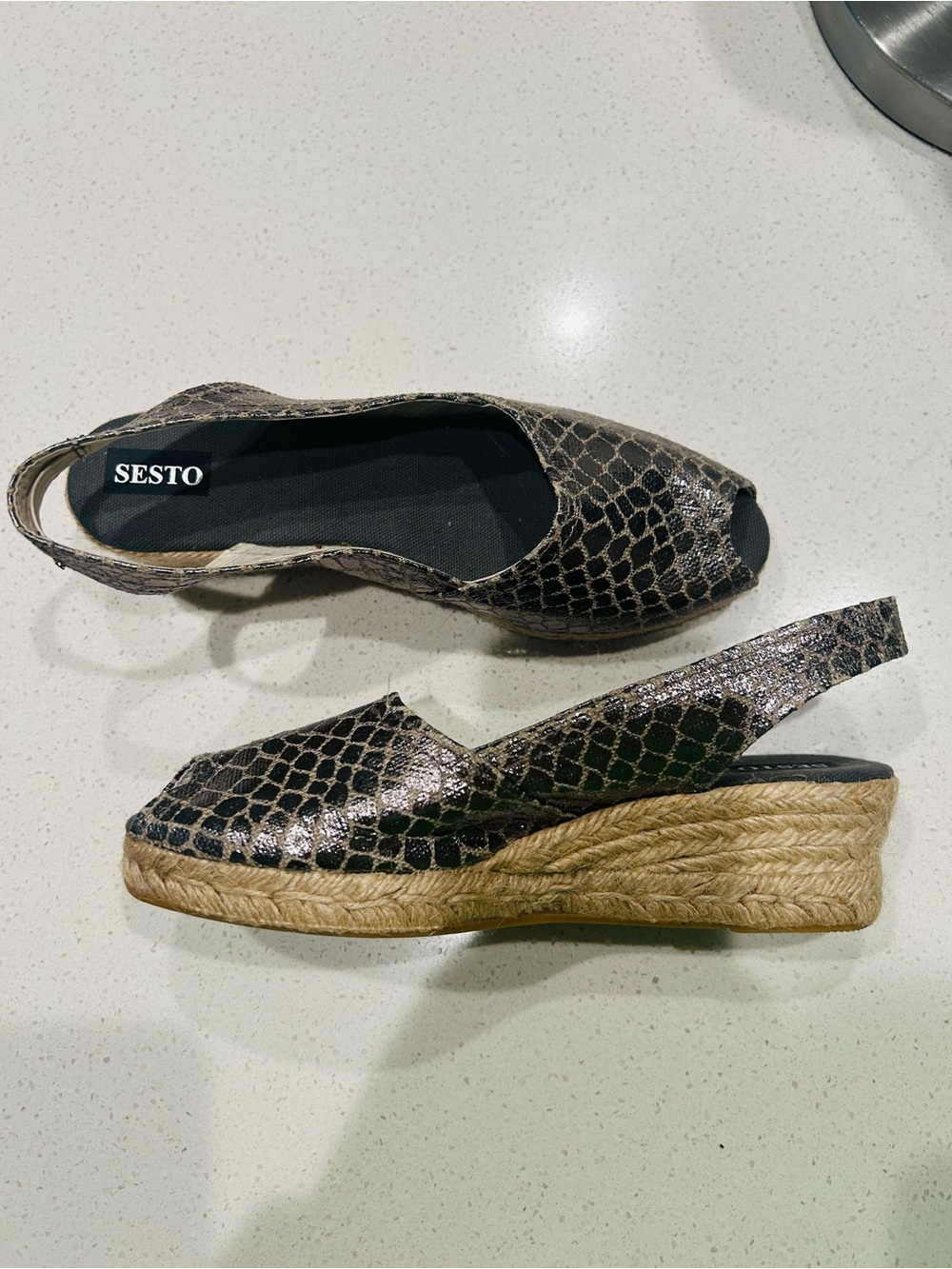 Metallic Snake-Print Espadrille Wedge - Black/Brown